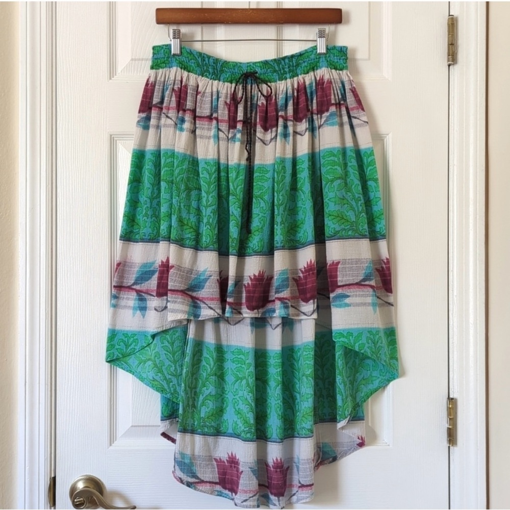 Free People Zen Garden Bohemian Floral High Low A-Line Midi Skirt Blue Green L